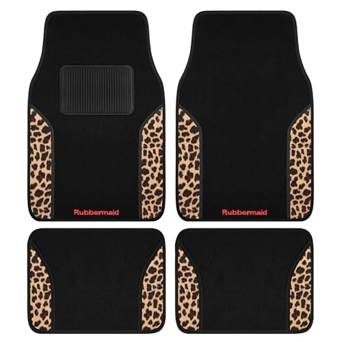 Rubbermaid Car Mats, Carpeted Floor Car Mat with Faux Leather & Built-in Heel Pad, Two-Tone Car Rug Floor Mats, Stylish Carpeted Floor Mats for Cars, Trucks & SUVs Leopard Patten Design - color: Leopard