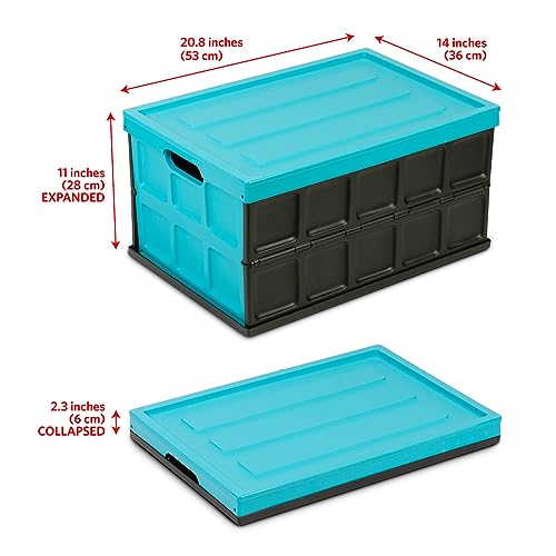 Glad Collapsible Storage Bin with Lid - 48L Foldable Plastic Box for Garage, Car Trunk, and Organization - Stackable Lidded Container with Handles, Turquoise - color: Turquoise