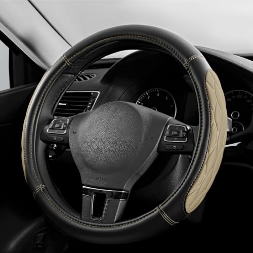PIC AUTO Steering Wheel Cover, Beige Thick Rhombic Foam and Premium Leather, Universal 14.5-15.5 Inch Breathable Anti-Slip Steering Wheels Accessories for Men & Women - color: Beige