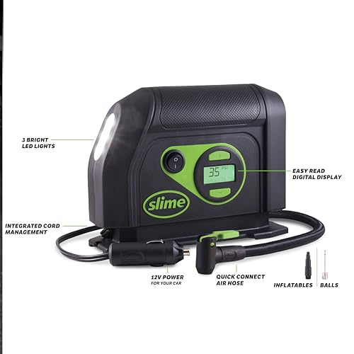 Slime 40088 Tire Inflator, Portable Car Air Compressor, Inflate Right automatic shut off, with Digital 99 psi Display, Long Hose and LED Light, 12V, 6 min inflation - style: Digital