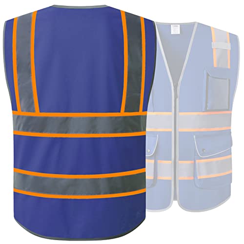 JKSafety 9 Pockets High Visibility Zipper Front Safety Vest | Blue with Dual Tone High Reflective Strips | Meets ANSI/ISEA Standards (901-Blue, Medium) - color: Blue Orange Strips, size: Medium