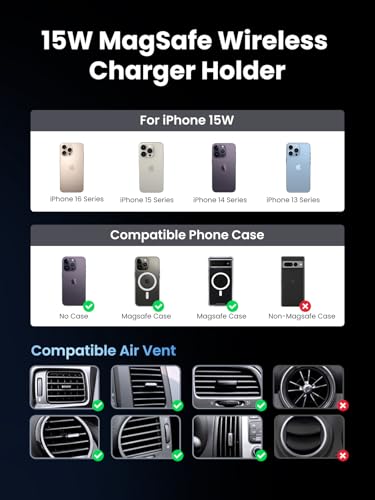 UGREEN Qi2 Wireless Car Charger, 15W Fast Charging Strong Magnetic Car Phone Holder with LED Light for iPhone 17/16/15/14/13/12 Series Car Accessories
