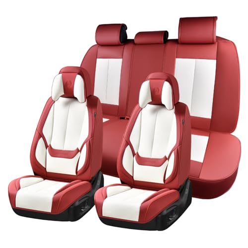 Coverado Seat Covers Full Set, 5 Seats Seat Covers for Cars, Waterproof Nappa Leather Car Seat Covers with Head Pillow, Seat Protectors Car Seat Cushion Universal Fit for Most Cars (Red&White) - color: Red&White(Pillow), size: FullSet