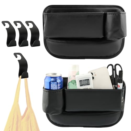 2 Pack Car Seat Gap Filler Organizer, Leather Seat Gap Bag with Cup Holder (3.14 inch) & 4 Hooks, Anti-Slip Flannel Lined Storage Box for Phone, Keys, Wallet, Fit Most Cars
