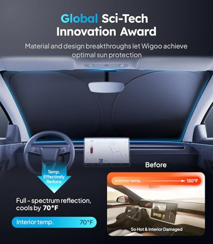 Wigoo 2026 Upgraded Accessories Tesla Model 3 Windshield Sunshade [OEM Design, 100% Sun Blockage] Foldable Heat Insulation Sun Shade with Storage Bag, for Tesla Model 3 2016~2026, Silver Coating - size: 2. Model 3 (2016-2026)