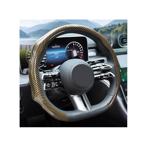 Zpana Carbon Fiber Car Steering Wheel Cover, Leather Non-Slip Vehicle Steering Wheel Cover for 14.5-15 Inch, Comfortable Auto Interior Protector Decoration Accessories, Universal Fit(Gold) - color: Gold