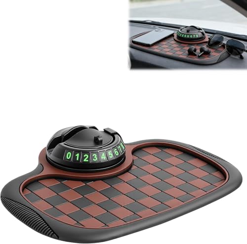 Multifunction Car Anti Slip Dashboard Mat with 360° Rotatable Phone Holder, Temporary Parking Number, Organizer for Phone Sunglasses Keys (Brown) - color: brown