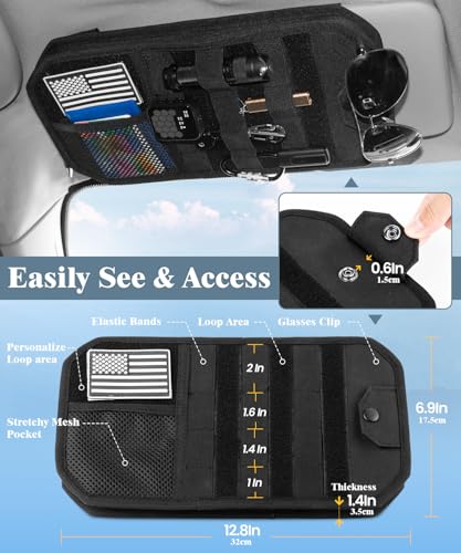 DEEPLITE Car Sun Visor Organizer with Double Zipper Multi-Pockets & Glasses Clip, Semi-Rigid Molle Panel with Patch for Driving Essentials - Heavy Duty Straps Fits Trucks, SUV, Vehicles
