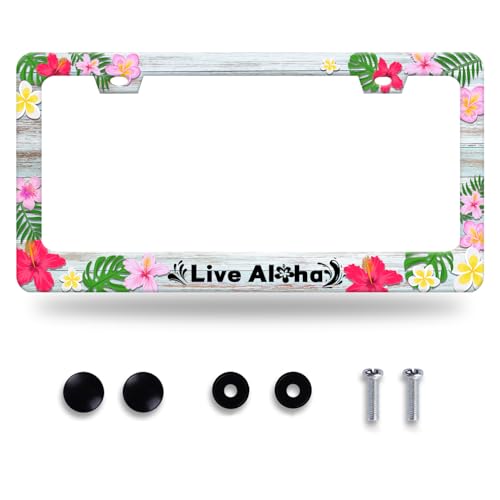 Aloha License Plate Frame Beautiful Hibiscus Flower License Plate Stainless Steel Funny License Plate Holder Hawaii Car Accessories Decoration with Screws Fits Standard Vehicles Size 12.3" x 6.3" - color: Hawaii Hibiscus Flower Live Aloha