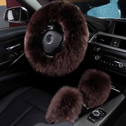 3Pcs Set Fashion Fluffy Fuzzy Wool Fur Soft Car Steering Wheel Cover with Handbrake Cover & Gear Shift Cover for Women/Girls/Ladies Auto Long Wool Accessories - color: Mocha, size: Long Wool