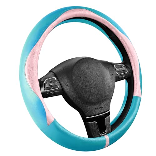 PIC AUTO Steering Wheel Cover, Pink Patterned & Blue Leather Patchwork Design, Universal Fit 14.5"–15.5", Anti-Slip, Odor-Free, Soft PU Grain Leather, Durable Grip Car Accessory for Girls & Women - color: Pink & Blue