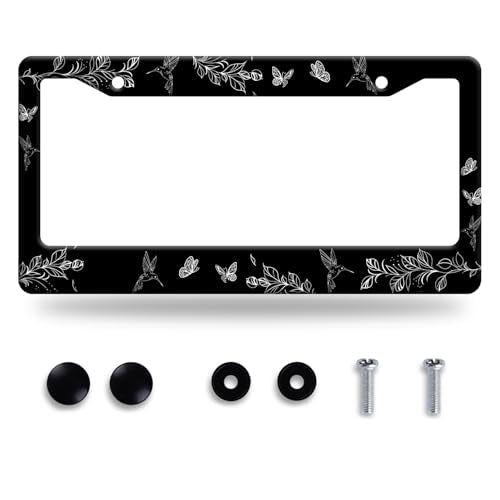 Black White Hummingbird License Plate Frame Leaves Floral Flowers License Plate Frames Funny Auto Accessory Stainless Steel Birds License Plate Decoration for Women Men 12 x 6 Inch - color: Black White Hummingbird Leaves Floral