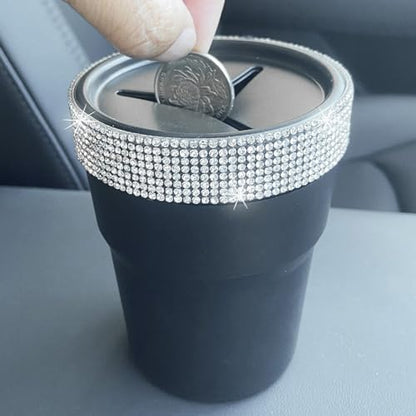 INSTOME Bling Car Trash Can with Lid，Bling Car Change Holder with Lid,Mini Trash Can Cup Holder in Console Pocket Dustbin Cans Portable for Car, Home, Office - color: silver
