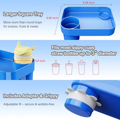 Car Seat Snack Tray for Toddlers - 3 Inch Cup Holder Fits Most Sippy Cups & Straw Bottles with Dip Well, Mess-Free Square Kids Travel Tray Road Trip Essentials, Blue - color: Blue