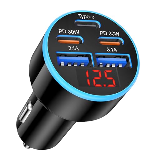 Car Charger USB C, 5-Port 90W Super Fast Car Phone Charger, Dual PD 30W & QC Type C Car Charger, Cigarette Lighter Adapter with Voltage Display for iPhone 17/16/15 Pro Max, iPad,Galaxy S25 S24,Pixel - size: 1-Pack