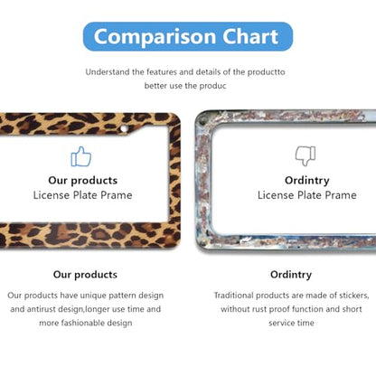 Leopard Print License Plate Frame 2pc Brown Cheetah Animal Print License Plate Frame Leopard Print Steering Wheel Cover Steering Wheel Cover Cars Aluminum with Fits Standard Us Ca Vehicles - color: Leopard Print