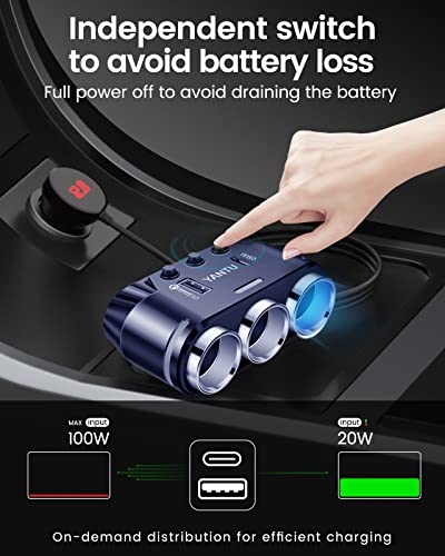 YANTU QC3.0&PD 40W Cigarette Lighter Adapter, 3-Socket 140W Cigarette Lighter Splitter with 12v USB Outlet,Car Charger Adapter with Double/Dual/USB C Charger Multi Port/Plug Outlet for Car Devices - color: B39-120W-blue