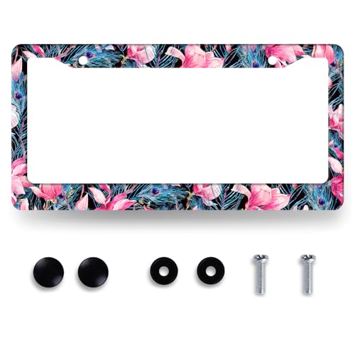 Tropical Pink Flowers Leaves License Plate Frame Hibiscus License Plate Holder for Front and Rear Car Tags Stainless Steel Funny License Plate Car Decoration with Screws 12.2" x 6.2" - color: Tropical Pink Flowers Leaves