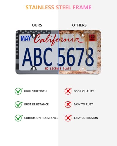 American Flag License Plate Frames - 2 Pack Black Stainless Steel Patriotic USA Car Tag Frame with UV-Printed Flag & 3D Metal Decals - style: Grey-Stainless steel-Slim