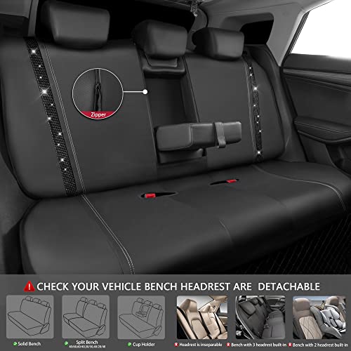 CAR PASS Bling Rhinestone Leather Back Seat Cover, Waterproof Bench Rear Seat Cover Shining Diamond Universal Fit Automotive Glitter Crystal Sparkle Strips for Kid Women Girl, Black Diamond - color: Black Rear, size: Rear Seats