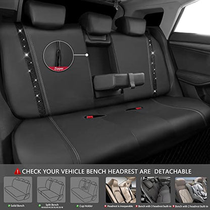 CAR PASS Bling Rhinestone Leather Back Seat Cover, Waterproof Bench Rear Seat Cover Shining Diamond Universal Fit Automotive Glitter Crystal Sparkle Strips for Kid Women Girl, Black Diamond - color: Black Rear, size: Rear Seats