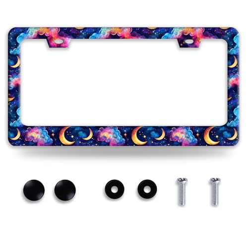 Watercolor Moon License Plate Frame Galaxy Clouds Stars License Plate Auto Accessory Decoration Stainless Steel Colorful License Plate Frames 6.3 x12.3 Inch - color: Moon Galaxy Cloud