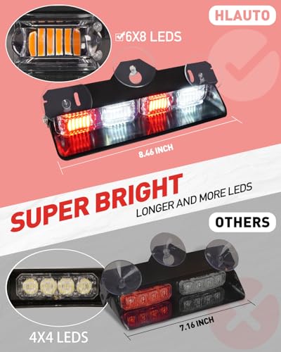 HLauto 2002L Emergency Dash Strobe Lights: Red White Safety Lights, Flashing Warning Hazard Windshield Visor Traffic Light Bars for Trucks, Construction Vehicles (2x8.5 inch, 48LED) - color: Red/White