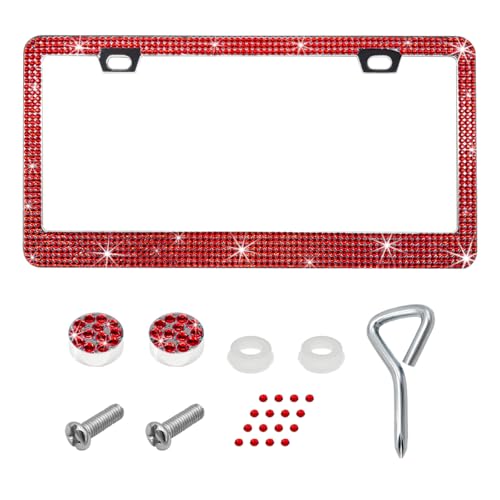 DXNQ Bling License Plate Frame, Sparkly Rhinestone Diamond License Plate Cover with Crystal Screws Caps, Glitter Crystal Stainless Steel License Plate Holder for Women, Car Accessories (Red) - color: Red