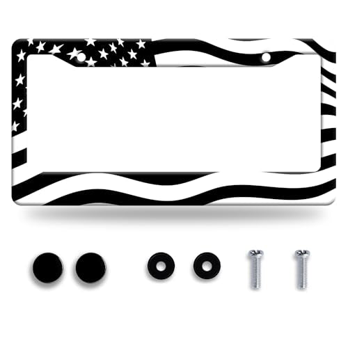 Personalise Black White American Flag License Plate Frame Patriotic License Plate Frames Car Stainless Steel Accessories Cars Decor with 2 Holes and Screws Fits Standard Us Vehicles 12.2 X 6 in - color: Black White American Flag