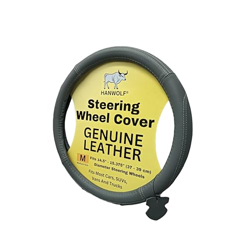 Steering Wheel Cover, Gray, Real Genuine Leather, 15 inch, for Men and Women, Universal, Stretch On, Heat Resistant, Stays Cool, Non-Slip, HANWOLF - color: Dark Gray, size: Medium (14.5 to 15.375 inch diameter)