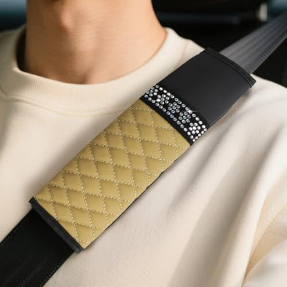 wuyaoyao 2PCS Bling Car Seat Belt Cover Pad, Breathable Leather Seatbelt Covers for Cars, Soft Comfortable Seatbelt Shoulder Strap Covers, Rhinestone Auto Seat Belt Protector Cushion (Beige) - color: Beige