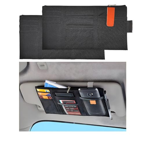 Povtii 2 PCS Car Sun Visor Organizer, Oxford Cloth Multi-Pocket Storage Holder with Zipper, Auto Visor Storage Net Pouch for Card Note Phone Registration, Car Accessories (Black)