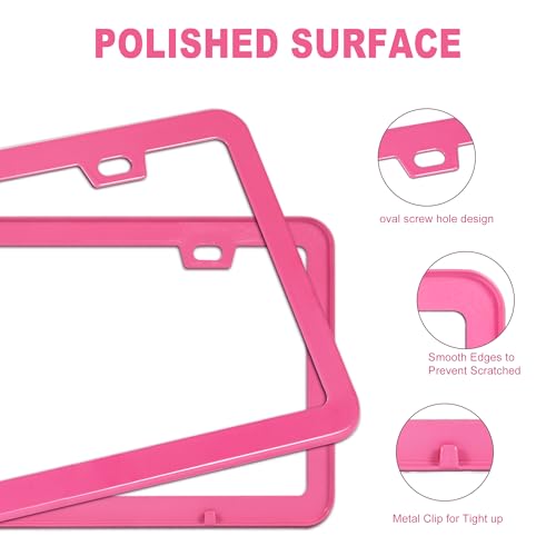 Pink License Plate Frame, Premium Fashion Matte Aluminum Alloy Holder with 2 Holes, 2 Pack Waterproof Rust-Proof Universal Car Frame for Women, Including Screws, Caps and Rattle Proof Pads - color: Pink