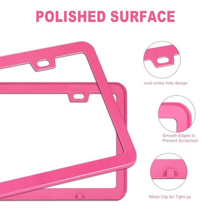 Pink License Plate Frame, Premium Fashion Matte Aluminum Alloy Holder with 2 Holes, 2 Pack Waterproof Rust-Proof Universal Car Frame for Women, Including Screws, Caps and Rattle Proof Pads - color: Pink