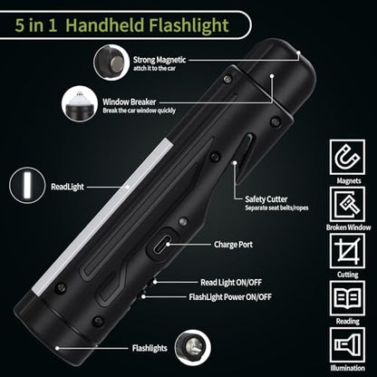 KnLnny Ware Automotive Escape Tool, Window Breaker,Seatbelt Cutter, Car Flashlight, 5 in1 Auto Tactical Gear, USB Charging, Magnetic Attraction, Emergency Kit Self Defense Accessories,Black - color: Black