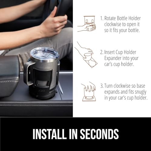GORILLA GRIP Patent Pending Adjustable Car Cup Holder Expander, Keeps Water Bottle Secure, Expands to Fit 18 to 48 oz Large Bottles, Yeti, Owala, Stanley with Handle, Coffee Mug Insert for Cars, Black - color: Black