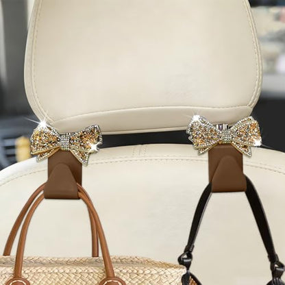 Zpana Bling Car Headreat Hook, 2PCS Crystal Rhinestone Cute Bow Vehicle Seat Back Hanger Storage for Purses Bags Grocery, Diamond Auto Rear Seat Organizer, Universal for SUV Truck Sedan (Gold) - style: Gold/2PCS