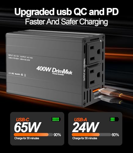 400W Car Power Inverter - Dual DC 12V to 110V AC Car Plug Adapter Outlets, Fast Charging USB C 65W & 24W Port, Power Inverters for Vehicles, Laptop Car Charger, Road Trips - color: BLACK