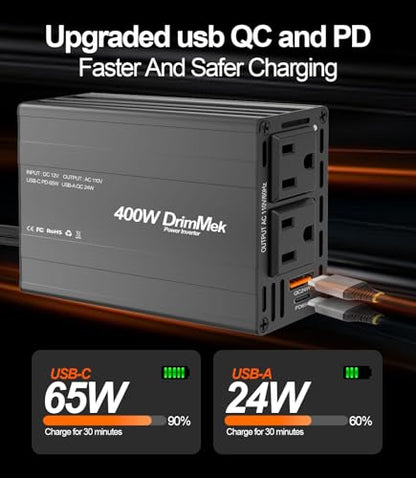 400W Car Power Inverter - Dual DC 12V to 110V AC Car Plug Adapter Outlets, Fast Charging USB C 65W & 24W Port, Power Inverters for Vehicles, Laptop Car Charger, Road Trips - color: BLACK