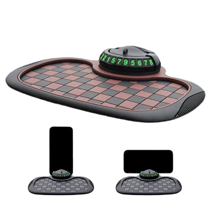 Multifunction Car Anti Slip Mat, 360° Rotatable Phone Holder Dashboard Pad with Temporary Parking Number, Anti Skid Organizer for Phone Sunglasses Keys (Brown-Gray Checkered Pattern) - color: Brown-Gray Checkered Pattern