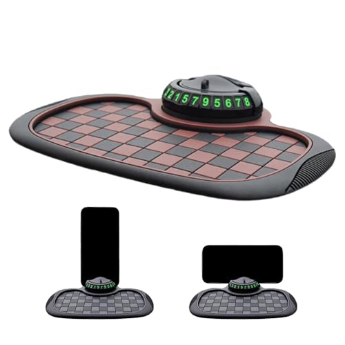 Multifunction Car Anti Slip Mat, 360° Rotatable Phone Holder Dashboard Pad with Temporary Parking Number, Anti Skid Organizer for Phone Sunglasses Keys (Brown-Gray Checkered Pattern) - color: Brown-Gray Checkered Pattern