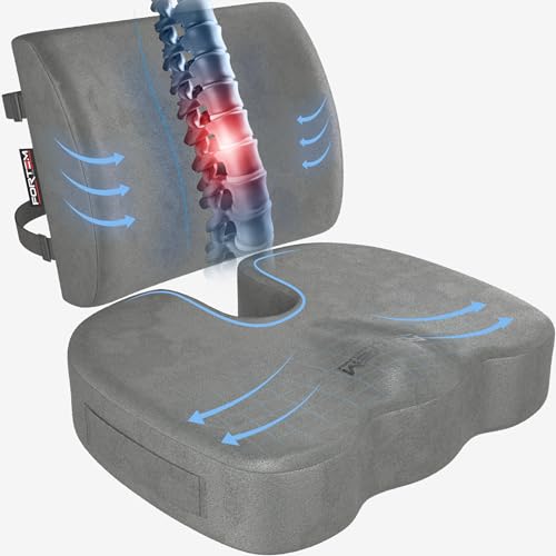 FORTEM Seat Cushion, Office Chair Cushion, Lumbar Support Pillow for Office Chair, Memory Foam Sciatica Coccyx Tailbone Pressure Pain Relief, Car Sitting Pad, Washable Non Slip, XL - color: Grey Velour, size: X-Large