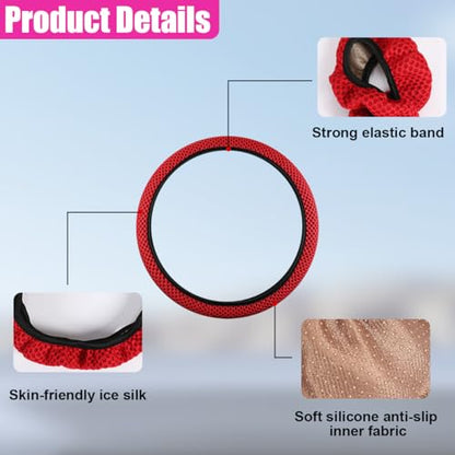 Elastic Stretch Steering Wheel Cover, Anti-Slip 15 inch Microfiber Odorless Breathable Ice Silk Car Steering Wheel Protector, Easy Carry, Warm in Winter & Cool in Summer (Red) - color: Red
