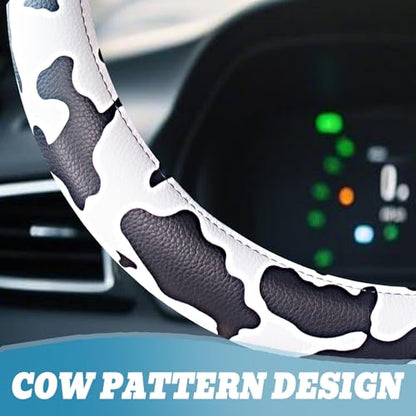Universal Steering Wheel Cover Women 14.5-15 inch car Accessories Cow Print Western Leather Anime Black and White Cute Wheel Cover Anti-Slip Car Protecter for Men - color: Cow Print