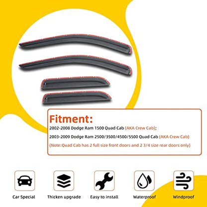 Window Visor Rain Guards Compatible with 2002-2008 Dodge Ram 1500 & 2003-2009 Dodge Ram 2500/3500/4500/5500 Quad/Crew Cab Wind Deflectors Vent Visors for Truck Tape-On Smoke Outside Mount 4pcs - size: for 2002-2008 Dodge Ram Quad/Crew Cab