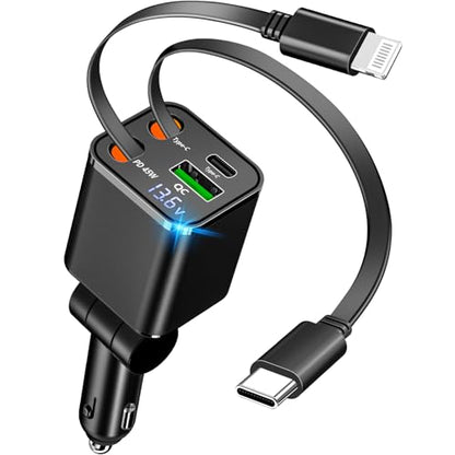 Retractable Car Charger, 120W 4-in-1 USB-C & Lightning Fast Charge Car Phone Charger, Dual Retractable Cable for iPhone 17/16/15/14/13/12 Samsung Travel Essentials Gifts for Women Men - color: Lightning & USB-C Cable