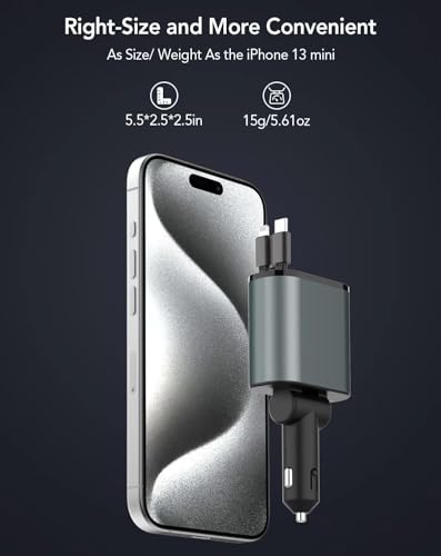 Retractable Car Charger, 4 in 1 Fast Charging 69W, Cigarette Lighter Adapter 2 Retractable iPhone Cables and USB Car Charger,Compatible with iPhone 14/13/12/11,Galaxy,Pixel - size: Cords for apple 5-14