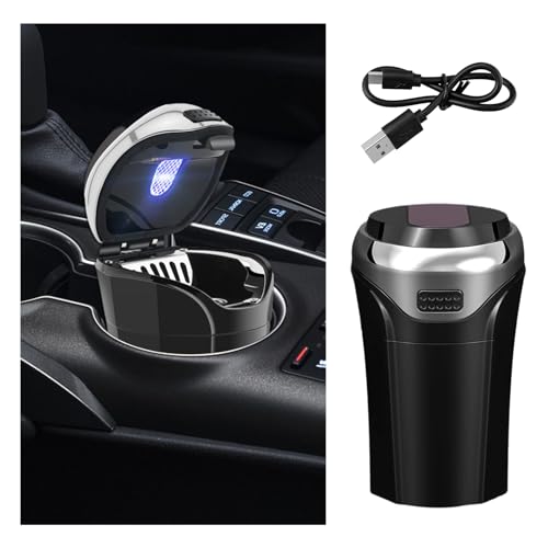 Car Ashtray with Lid, Detachable USB Rechargeable Auto Cigarette Lighter with Blue LED Light, Portable Smell Proof Stainless Car Ash Tray, Mini Automotive Trash Can (Silver) - color: Silver