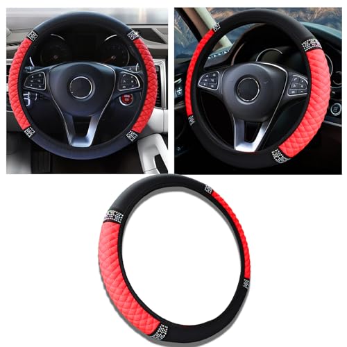 Bling Car Steering Wheel Cover, 15 Inch Anti-Slip Wheel Protector for Women Girls, Soft Leather Elastic Steering Wheel Protector, Car Interior Accessories for Most Cars (Red) - color: Red