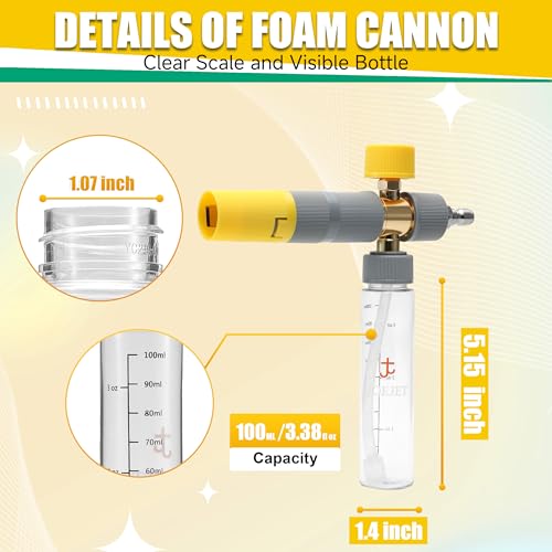JOEJET Pressure Washer Gun with Mini Foam Cannon Dual Connector, Dual-Purpose Switch Spray Gun with 5 Power Washer Nozzle Tips, Dual Wand Foam Cannon, 1/4” Quick Connector - size: 100 ml